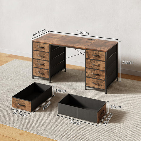 MUTUN 120cm Computer Desk with 8 Drawers, Home Office Desk with Power Outlets, Modern Table with Large Storage for Writing, Study, Rustic Brown