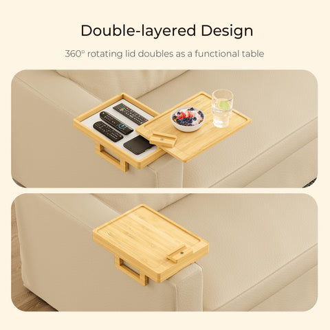 Wealone Bamboo Couch Arm Tray for Wide Couch, Sofa Arm Clip Table with Storage Box, Couch Armrest Tray with 360°Rotating Phone Holder