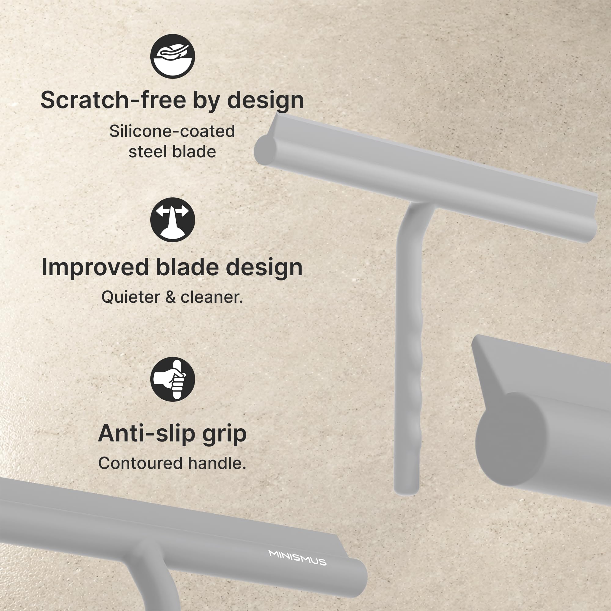 Minismus Silicone Shower Squeegee, No Drilling Bathroom - 28cm Grey Magnet