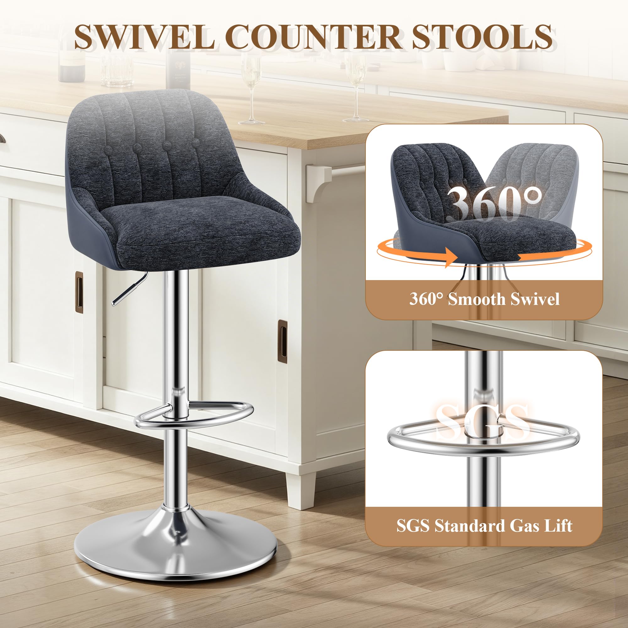 MALOL Adjustable Bar Stools Set of 6, Swivel Counter Stools with Backrest, Chenille & Faux Leather Upholstered Bar Chairs
