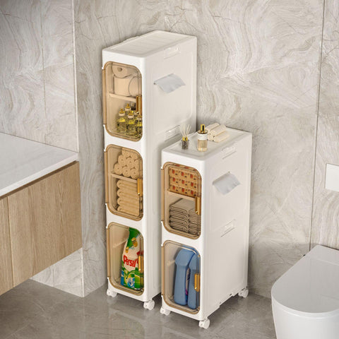 LSLANSOON Slim Bathroom Storage Cabinet, Narrow Foldable and Mobile Organizer for Small Spaces, Bathroom, Kitchen, Laundry Room, Living Room (2 Layer)
