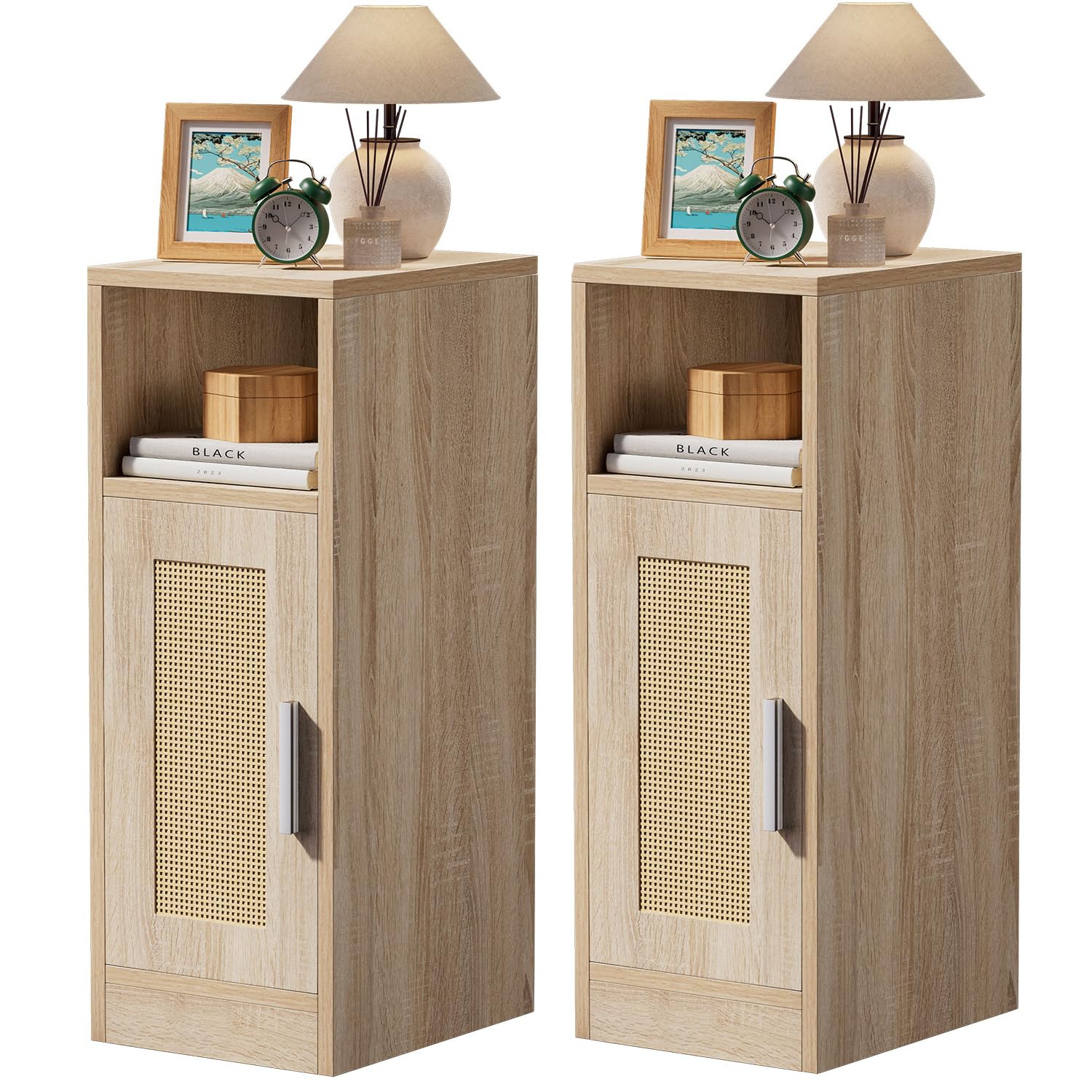 IBUYKE Slim Bedside Table Set of 2,Rattan Nightstand,Natural WNS012N-2