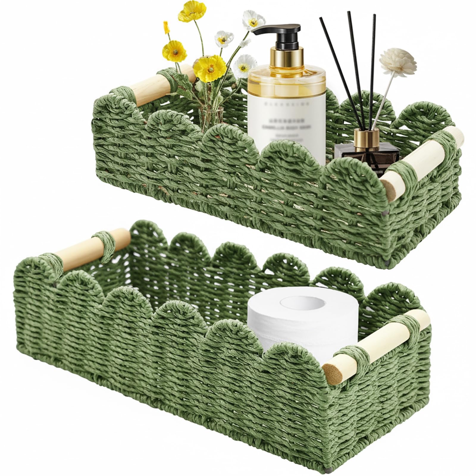 Yiomxhi 2 Pcs Wicker Storage Baskets, Woven Organizer Bins with Wooden Handles, Rope Scalloped Edge Toilet Paper Baskets for Bathroom, Shelf, Kitchen