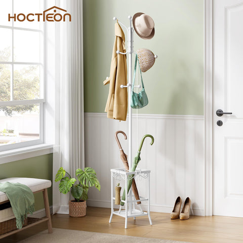 Hoctieon Coat Rack Freestanding, Coat Tree with Umbrella Holder, Metal Coat Rack Stand with 12 Hooks, Standing Coat Hanger Stand