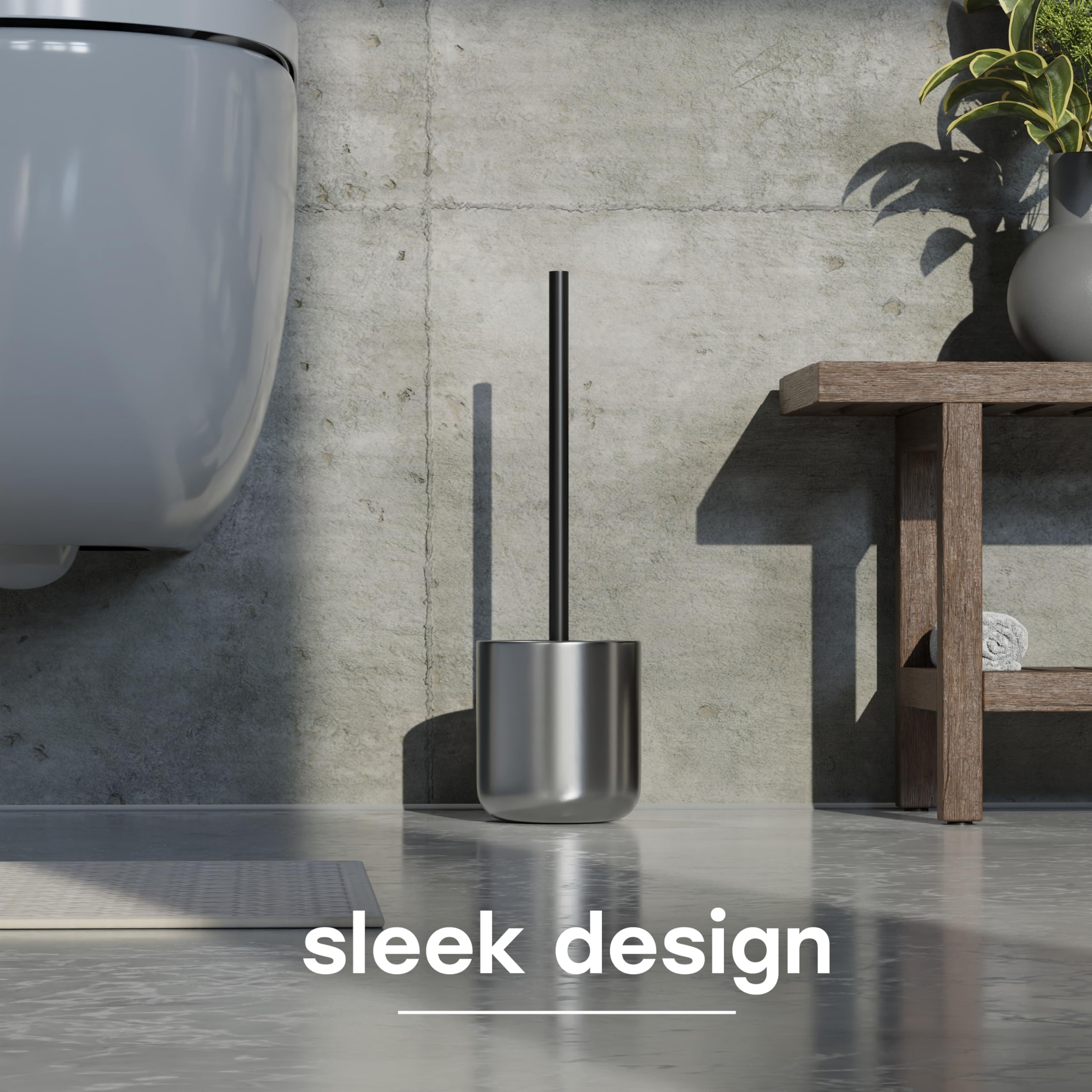 SAVEGA Stainless Steel Toilet Brush Silicone – Modern Silicone Toilet Brush and Holder Set with Antibacterial and Fast-Drying Head (Silver)