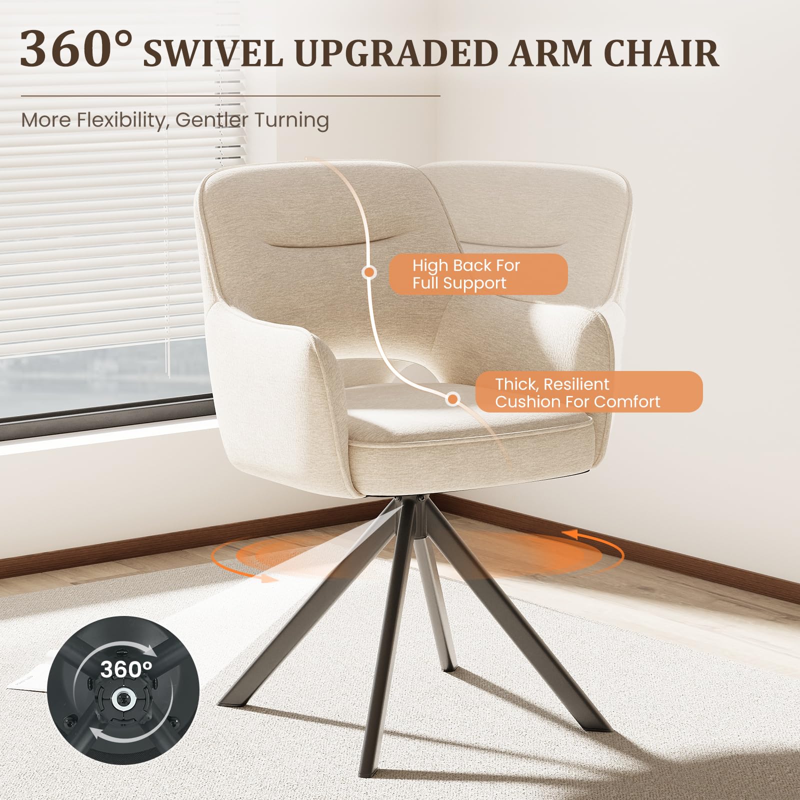 COLAMY 360°Swivel Dining Chairs Set of 4, Fabric Chairs for Dining Room with Armrests, Hollow Backrest and Thick Seat Cushion
