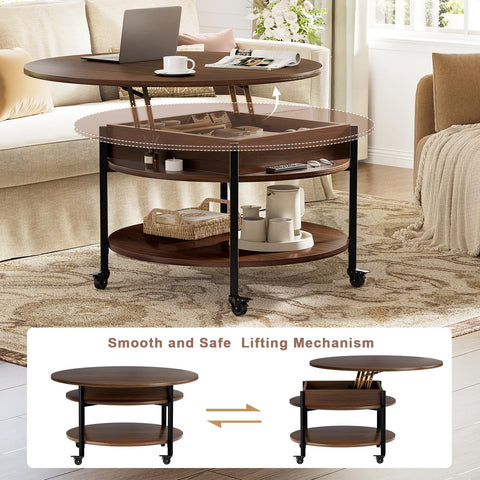 Mossora Espresso Round Lift Top Coffee Table with Lockable Wheels & Storage