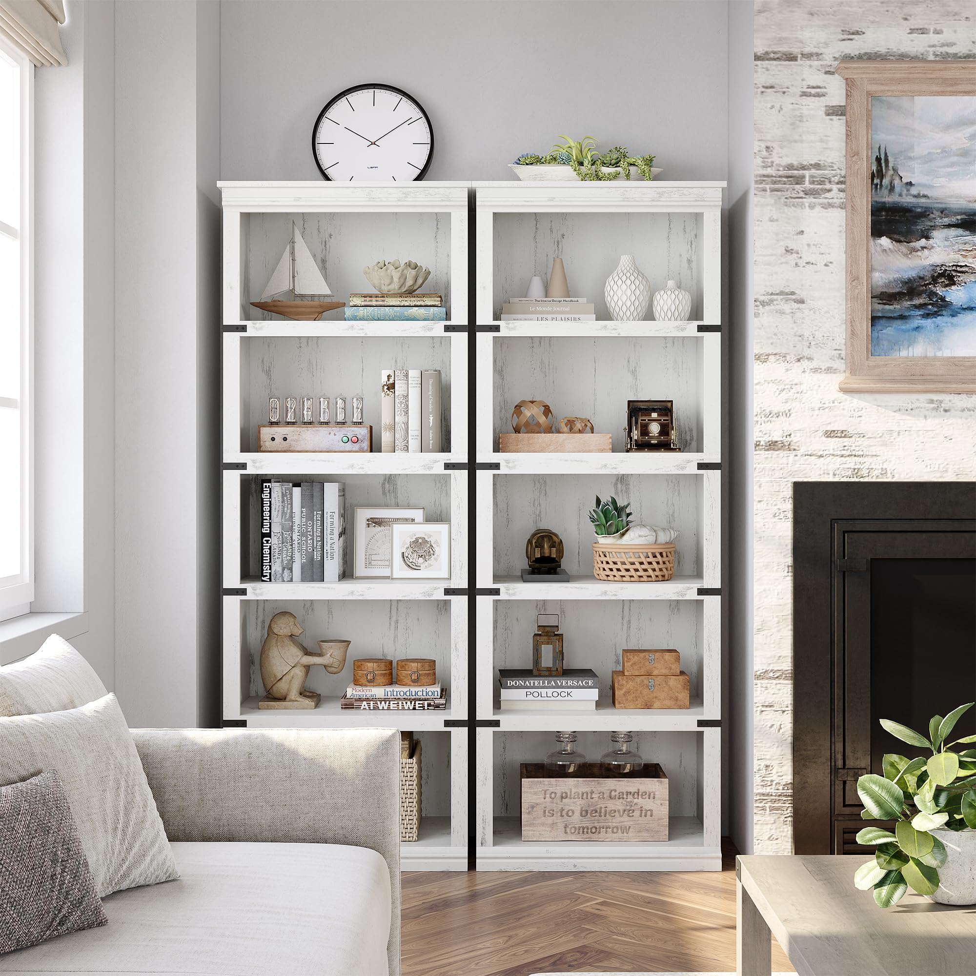 5 Tier Bookcase, Farmhouse Book Shelf with Storage Open Display Bookshelves, Book Case Wooden 5 Shelf Bookcase Home Decor Furniture for Home Office