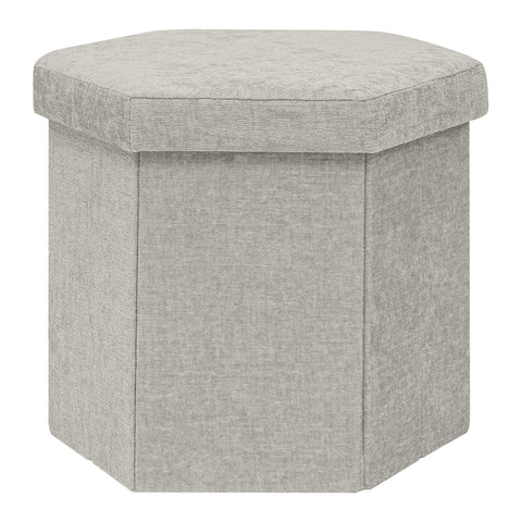 PINPLUS Chenille Ottoman Storage Box, Hexagonal Folding Stool, Silver Grey