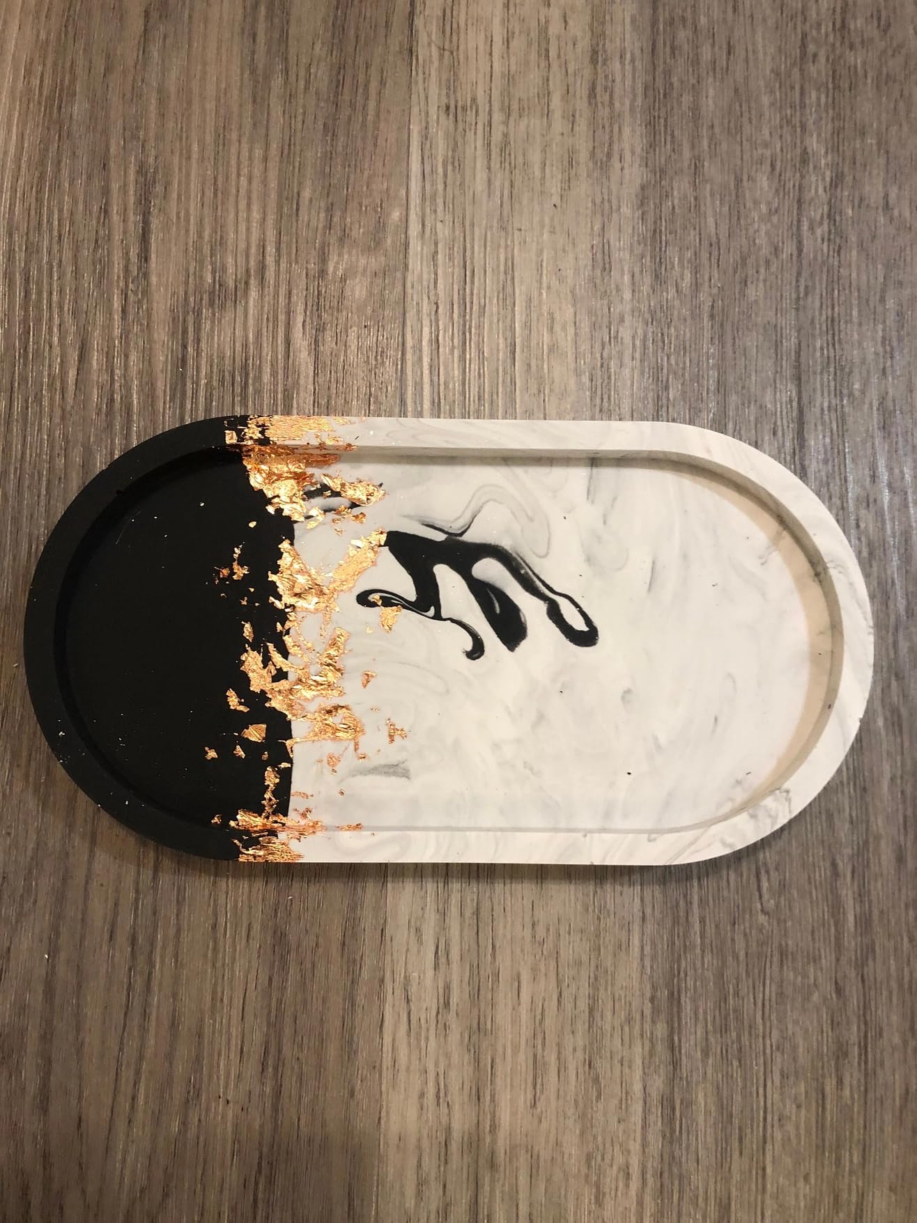 Handmade Jesmonite Oval Vanity Tray - Grey Marble Effect with Gold/Copper/Silver Leaf Detail | Decorative | Jewellery | Trinket
