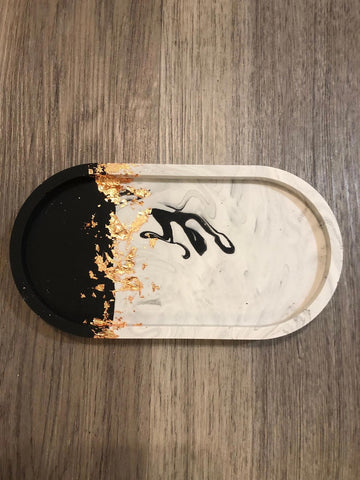 Handmade Jesmonite Oval Vanity Tray - Grey Marble Effect with Gold/Copper/Silver Leaf Detail | Decorative | Jewellery | Trinket