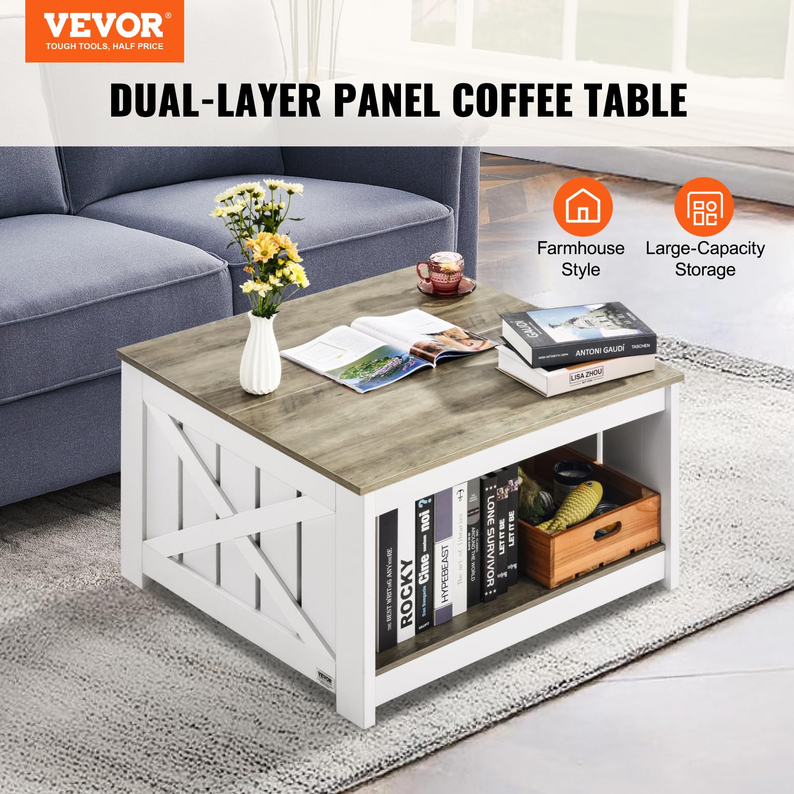 VEVOR 31.5" Farmhouse Coffee Table, Square Coffee Table with Open Storage Compartment, Wooden Rustic Cocktail for Living Room, Bedroom, Apartment