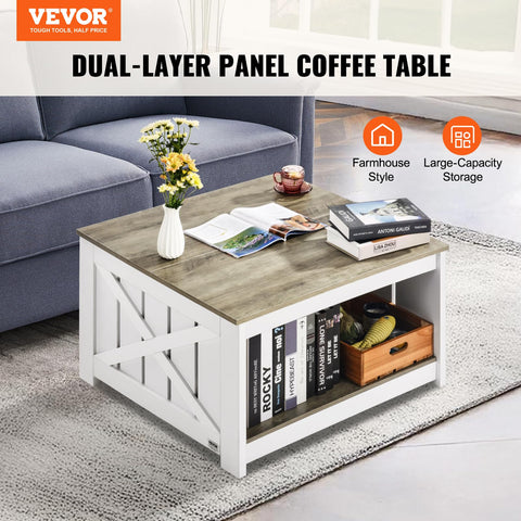 VEVOR 31.5" Farmhouse Coffee Table, Square Coffee Table with Open Storage Compartment, Wooden Rustic Cocktail for Living Room, Bedroom, Apartment
