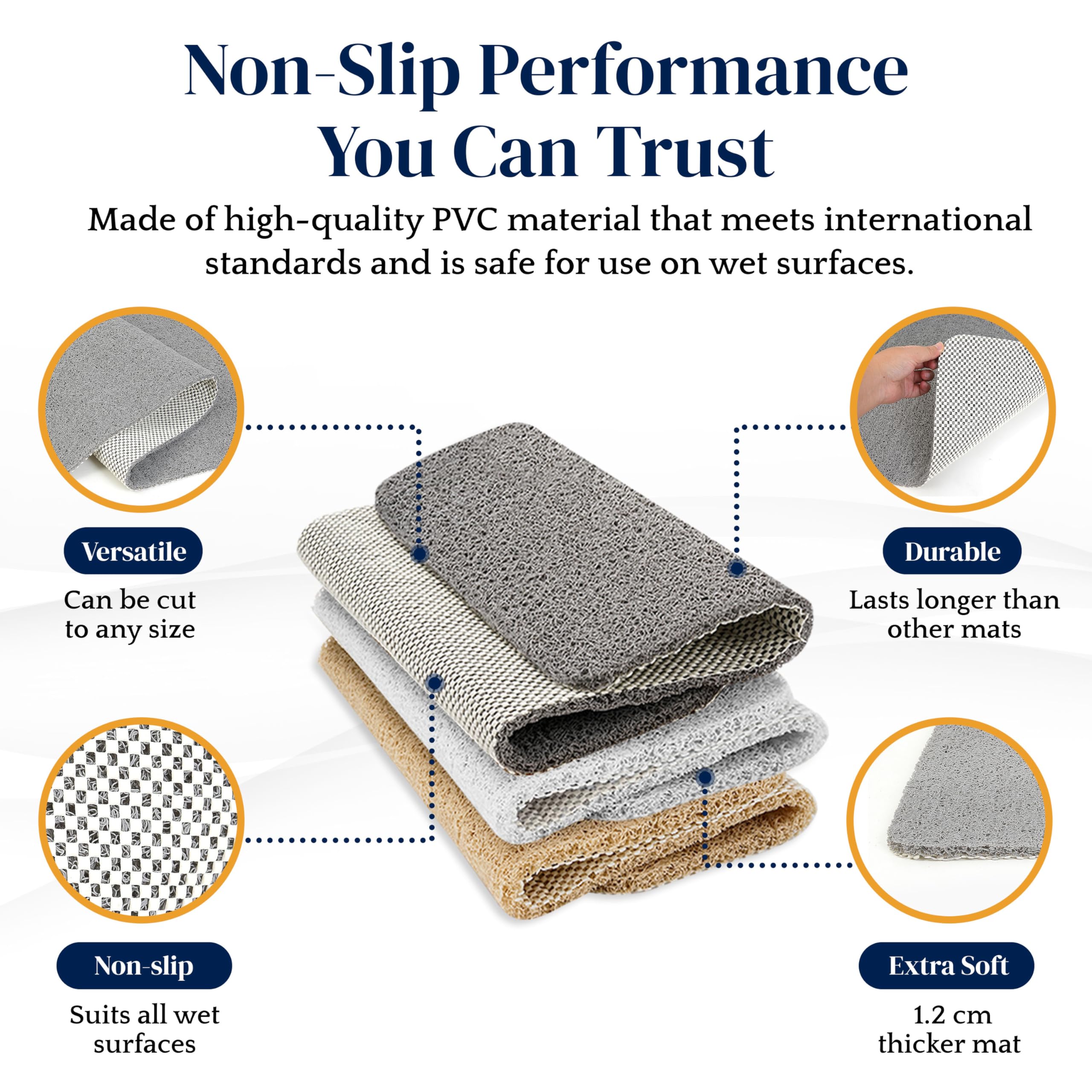 Dikots Soft Shower Mat non slip anti mould 60 x 40 cm - White Loofah style PVC mat for inside shower