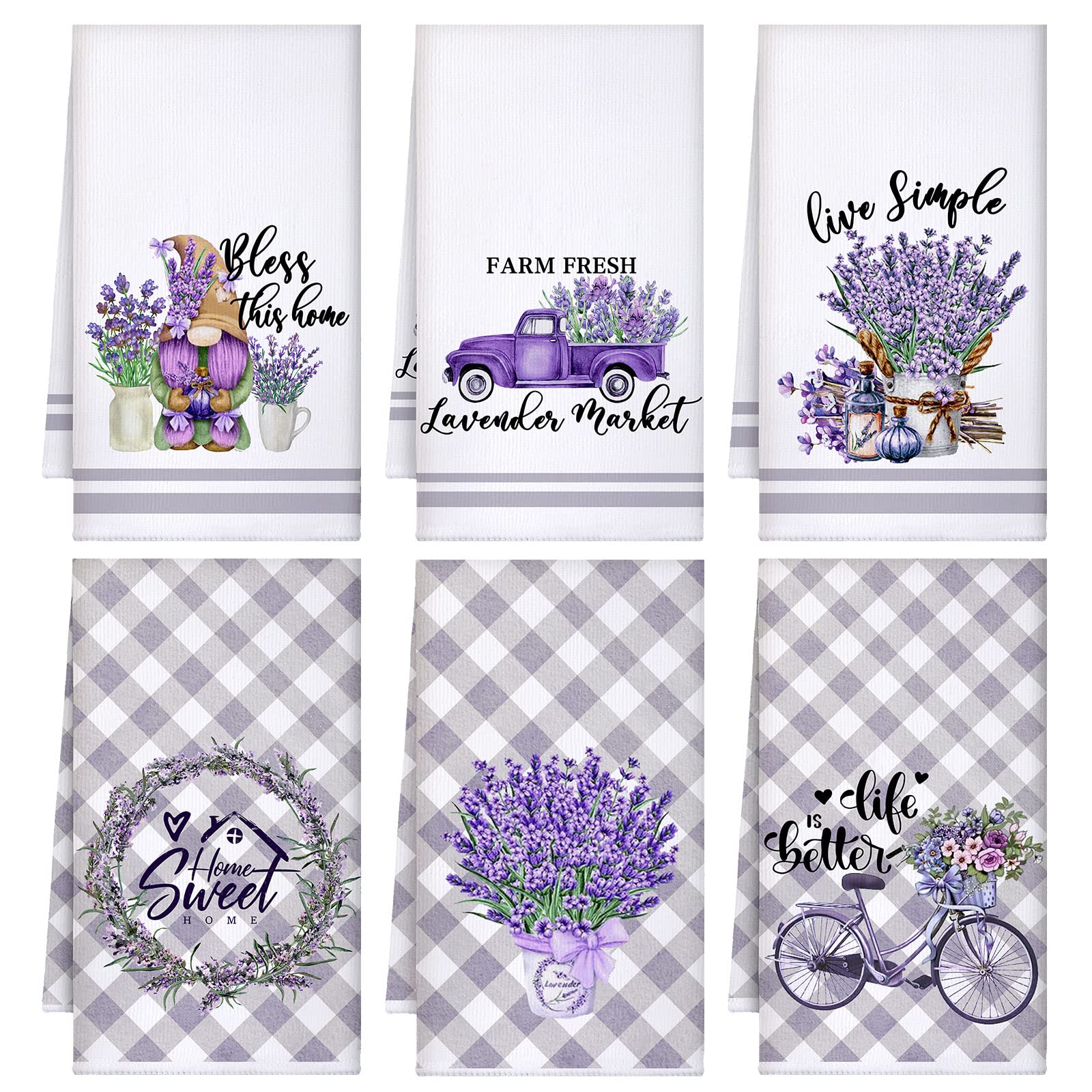 Boyiee Set of 6 Lavender Kitchen Towels Purple Floral Dishtowels Rustic Absorbent Purple Tea Hand Towels 24 x 16 Inches Lavender Lover Gifts for