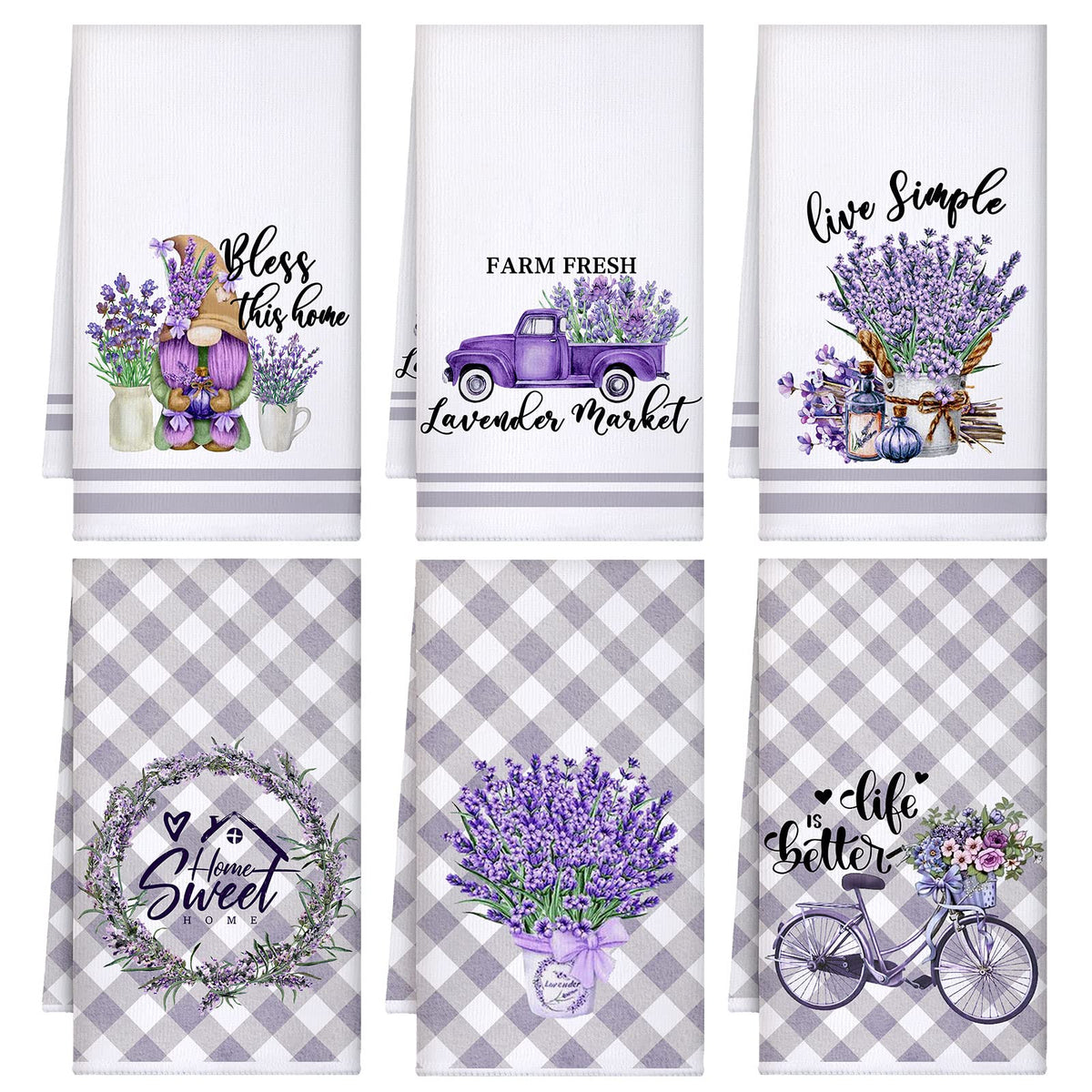Boyiee Set of 6 Lavender Kitchen Towels Purple Floral Dishtowels Rustic Absorbent Purple Tea Hand Towels 24 x 16 Inches Lavender Lover Gifts for