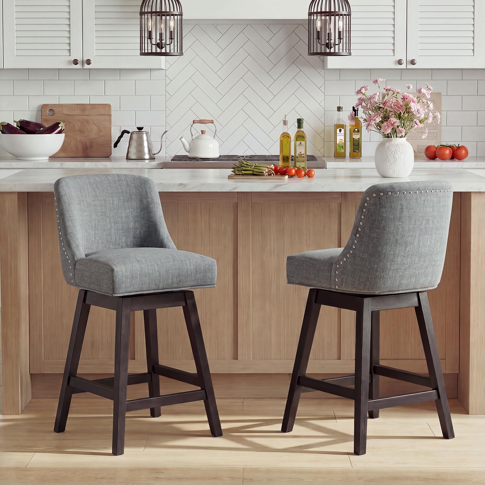 Bar Stools Set of 2, 360° Swivel Upholstered Counter Stools with Back, Wooden Frame Kitchen Bar Chairs with Nailhead Trim