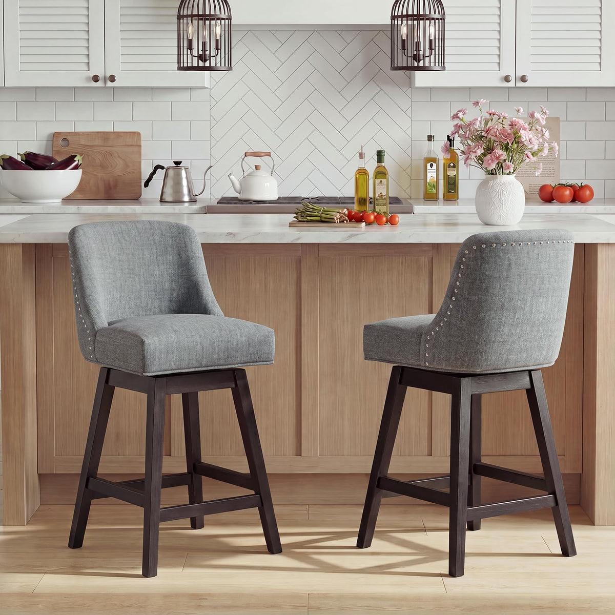 Bar Stools Set of 2, 360° Swivel Upholstered Counter Stools with Back, Wooden Frame Kitchen Bar Chairs with Nailhead Trim