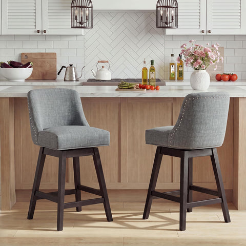 Bar Stools Set of 2, 360° Swivel Upholstered Counter Stools with Back, Wooden Frame Kitchen Bar Chairs with Nailhead Trim