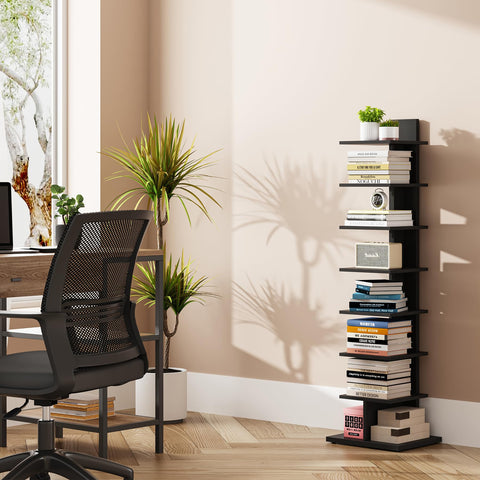 TUTOTAK Vertical Bookshelf, 8-Tier Bookcase, Narrow Spine Book Shelf for Small Space, Corner Standing Shelf for Living Room, Office, Study, Entryway