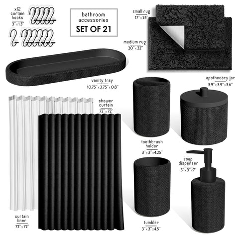 Clara Clark Black Bathroom Set - Bathroom Sets with Shower Curtain and Rugs, 21PC Bathroom Accessory Set