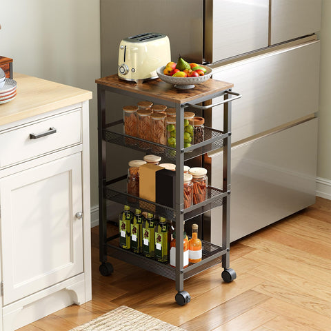 HOOBRO 4-Tier Serving Trolley with Wheels and Adjustable Feet, Rolling Trolley, Narrow Storage Trolley, Bar Cart, for Kitchen, Lounge, Dining Room