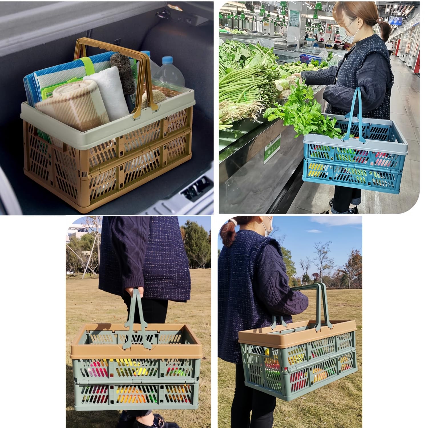 Wuyue Hua Large Collapsible Storage Crates,Plastic Folding Storage Crates,Collapsible Crate with Handles Plastic Stackable Boxes for Bedroom, Office