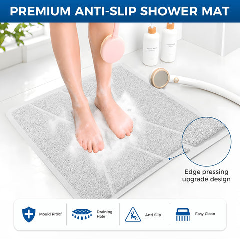 XIYUNTE Square Shower Mat Non Slip Anti Mould, Bath Mat with Heat-Pressed Edging 60x60cm, INCL. Hooks for Drying