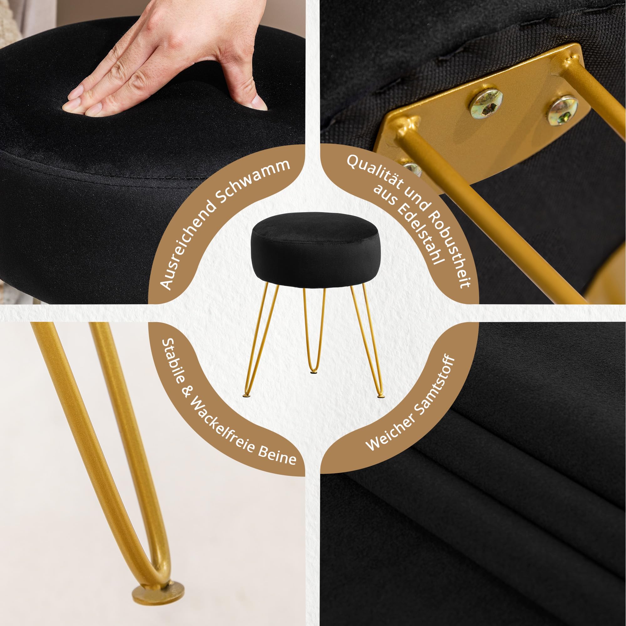 LUE BONA Velvet Round Stool Dressing Table Stool, Makeup Vanity Stool, Ottoman Padded Stool Metal Legs Support, Black