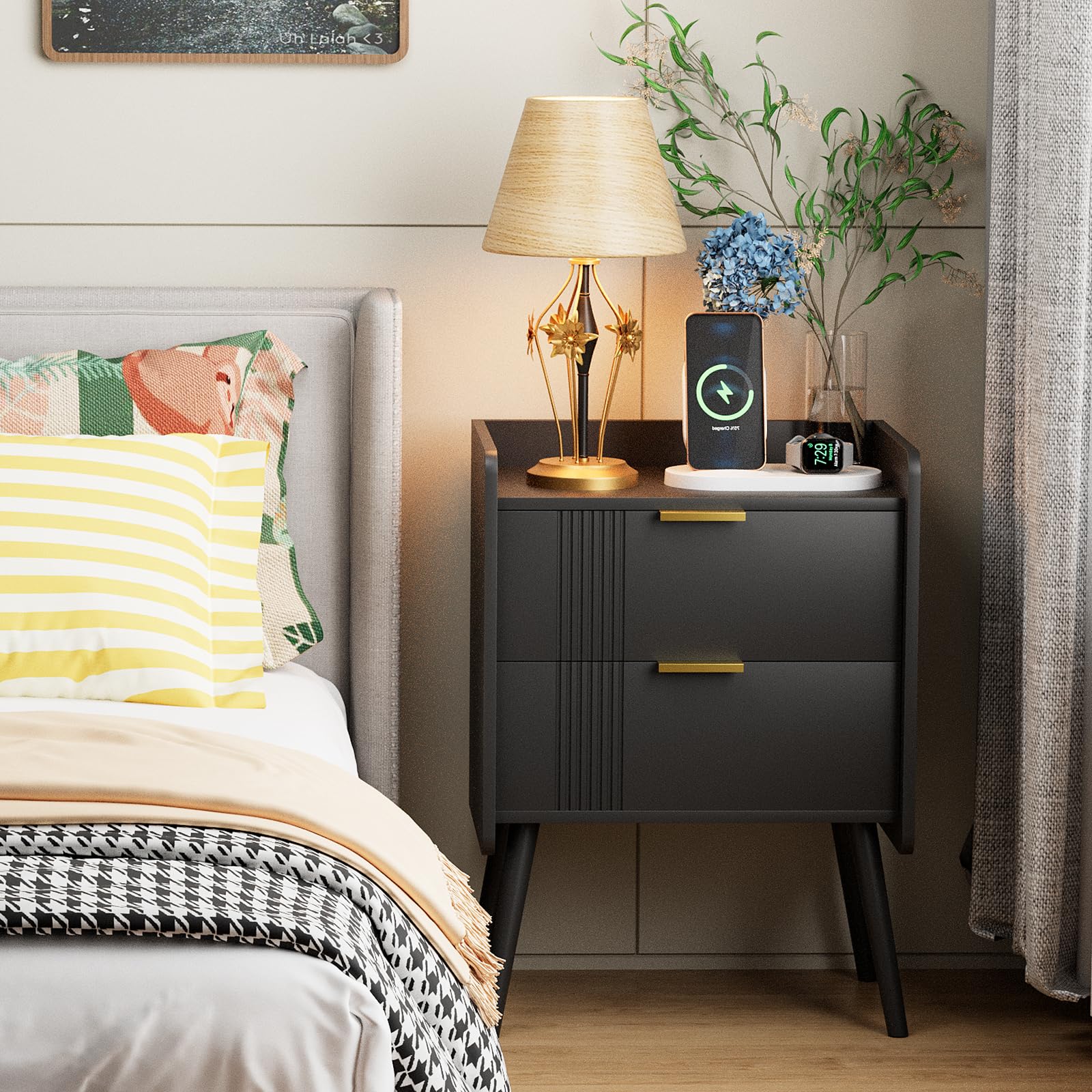 Garden 4 you Bedside Table, Nightstand, Bed Side Table with Wood Decorated Drawers, Modern Bedside Cabinet, Bedroom End Table with Storage
