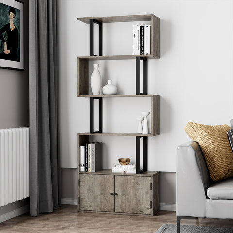 PADMA HOUSE Geometric Bookcase, Wood Display Shelves With Storage,Industrial Bookshelf for Living Room Bedroom, Home Office (Mottled Grey 1)