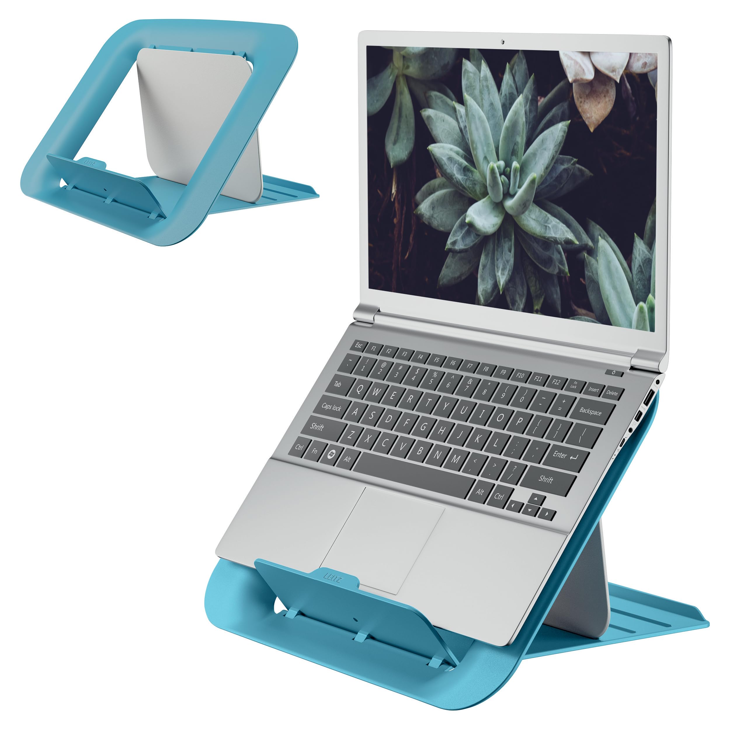 Leitz Adjustable Laptop Stand, Compact Laptop Holder With 4 Height Settings, 80% Recycled Plastic & 100% Recycable, Ergo Cosy Range, Calm Blue
