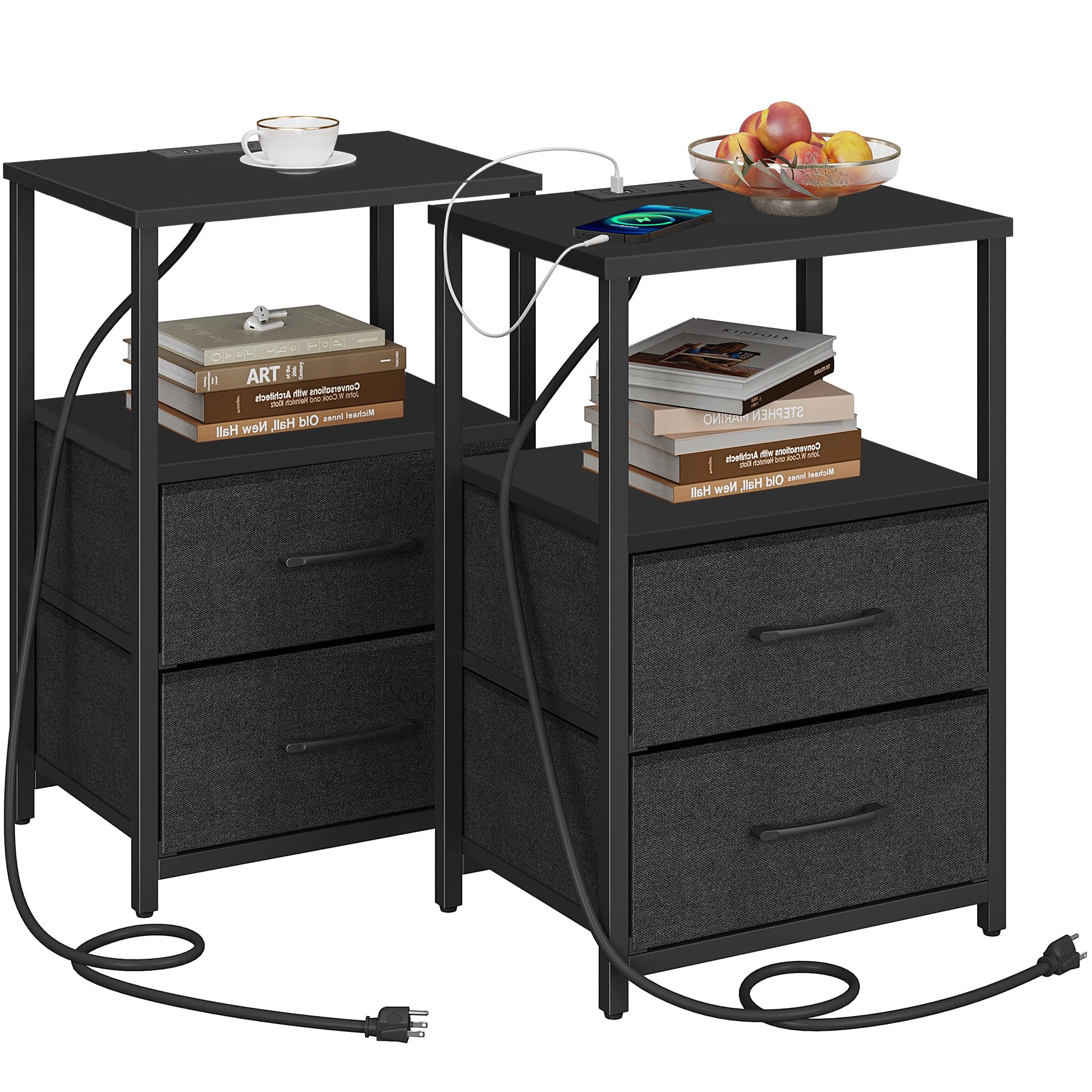 TUTOTAK Bedside Table with Charging Station, Side Table with 2 USB Ports and Outlets, Nightstand with Cloth Drawer, Set of 2, End Table