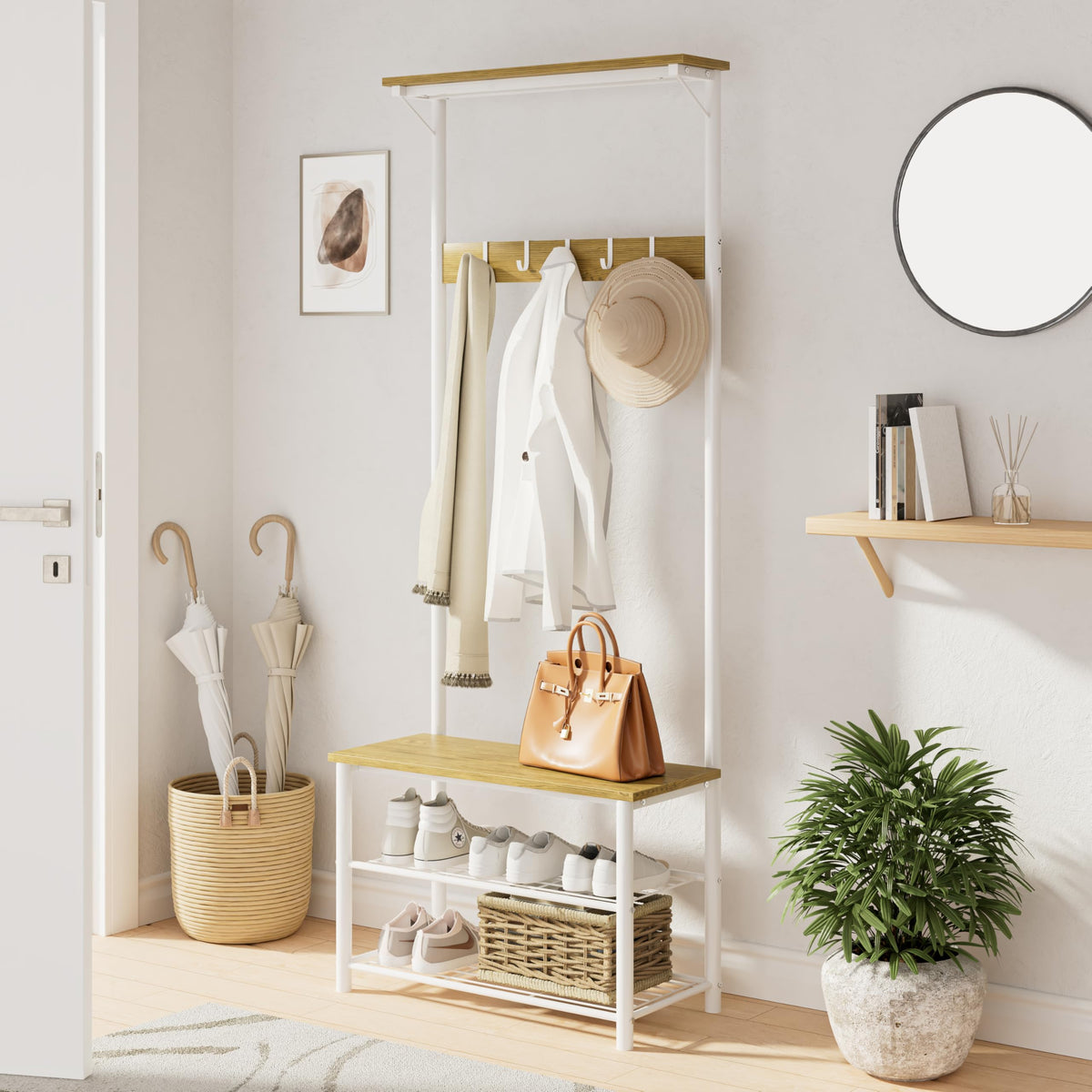 HEYZOEY Coat Stand, Coat Rack with Shoe Storage, 3-in-1 Freestanding Wooden Coat Rack with Shoe Bench and Rack, 3-Tier Shelf and 4 Removable Hooks