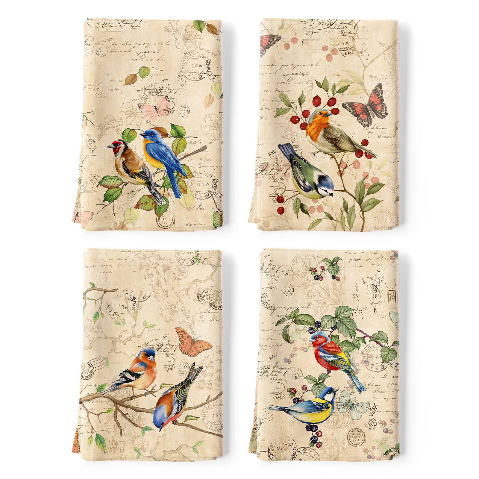 Arquiel Retro Birds Tea Towels, 100% Cotton Kitchen Towels, Set of 4