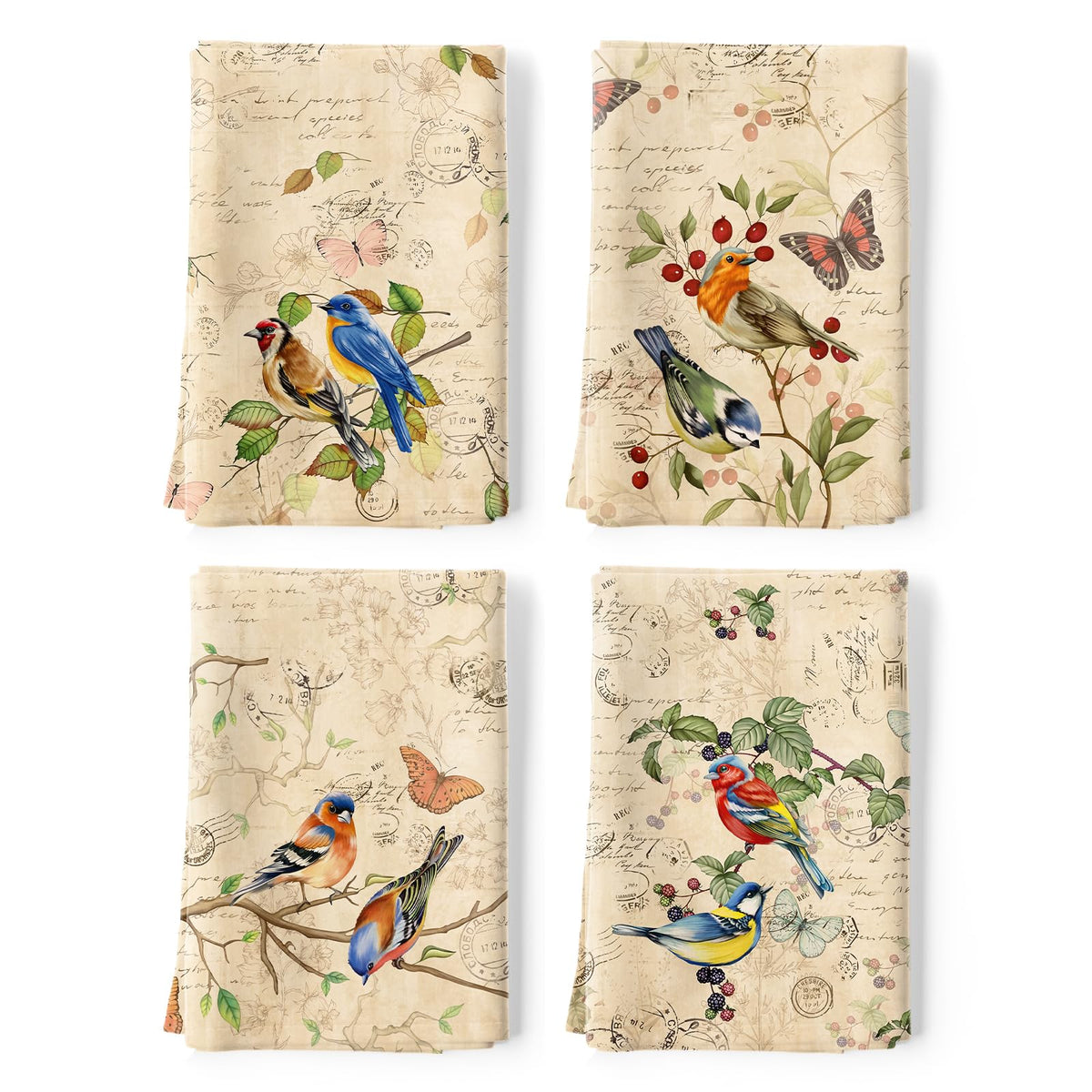 Arquiel Retro Birds Tea Towels, 100% Cotton Kitchen Towels, Set of 4