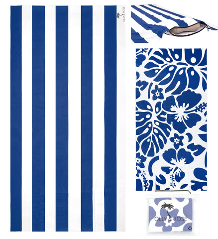 Olly & Rose Luxury Microfibre Large Beach Towel with Zip Pocket and Inflatable Pillow and Reversible Pattern 90 x 160cm Blue