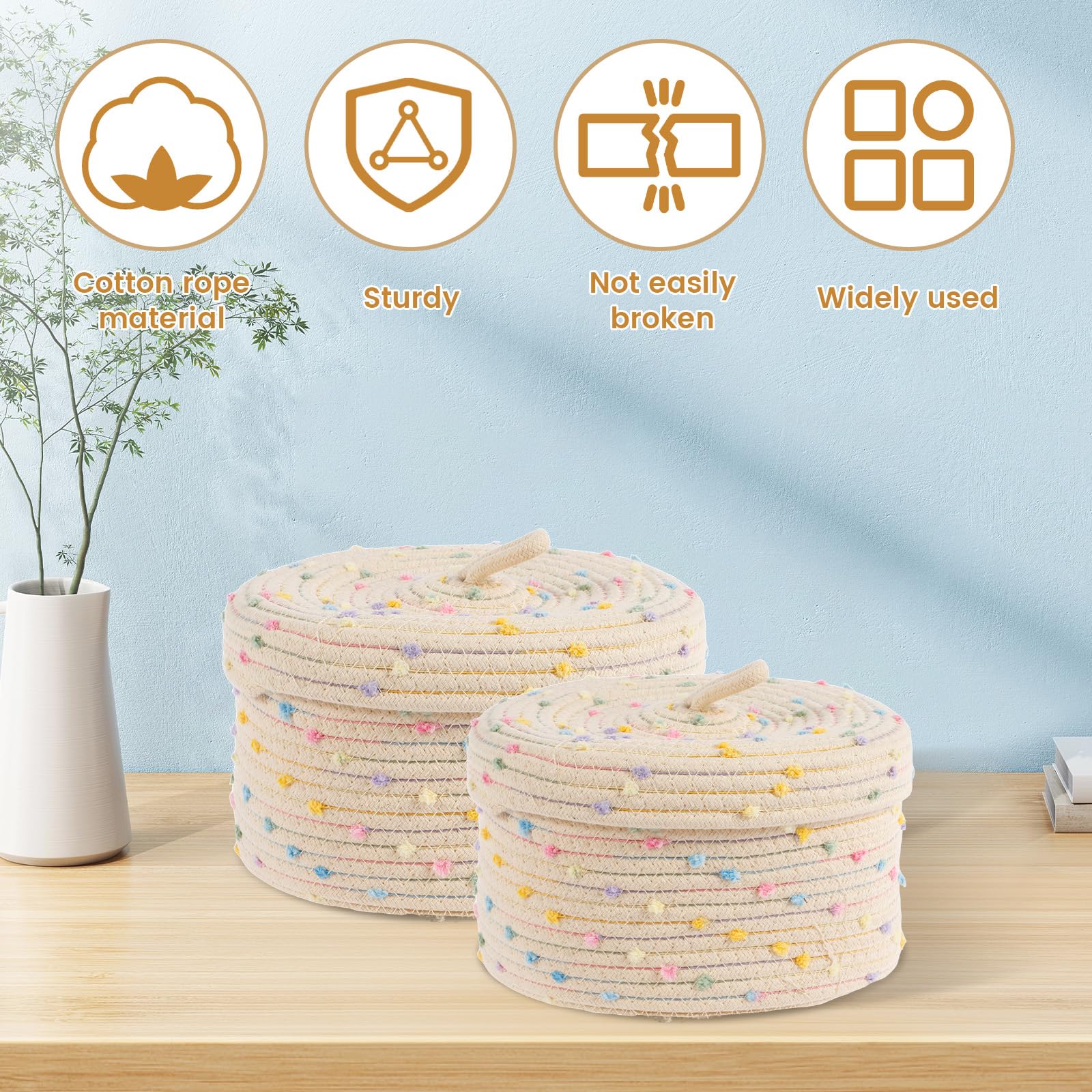 2Pcs Cotton Rope Storage Basket, 18.5cm 23cm Round Woven Shelf Storage Bin with Lid and Carrying Handle