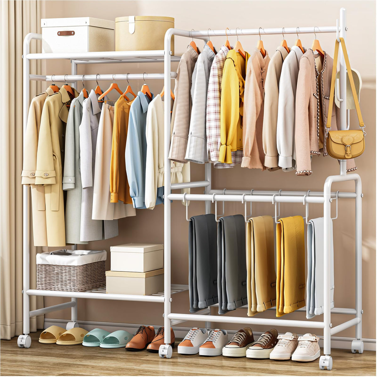 Casavibe Heavy Duty Clothes Rail with Wheels, 125KG Metal Clothing Rack with Trouser Rack, Top Shelf, 4 Hooks & 5 Trouser Hangers