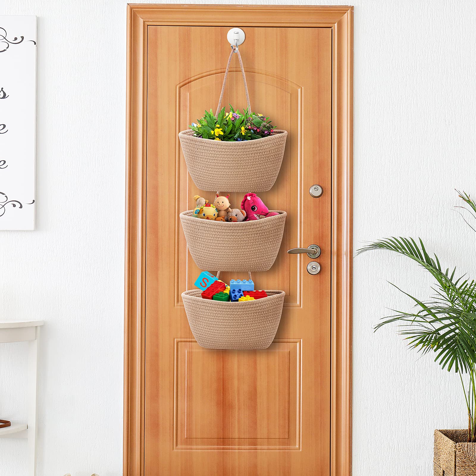 Gearific Over the Door Hanging Basket, 3-Tier Cotton Rope Wall Mount Hanging Baskets for Organizing and Storage