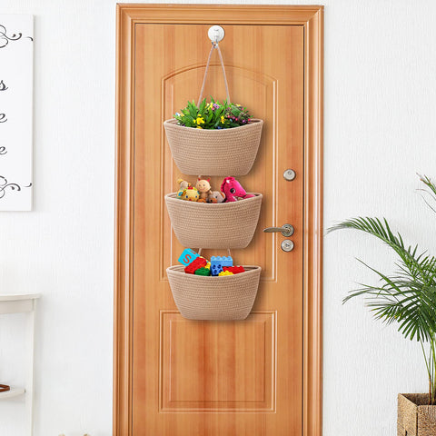 Gearific Over the Door Hanging Basket, 3-Tier Cotton Rope Wall Mount Hanging Baskets for Organizing and Storage