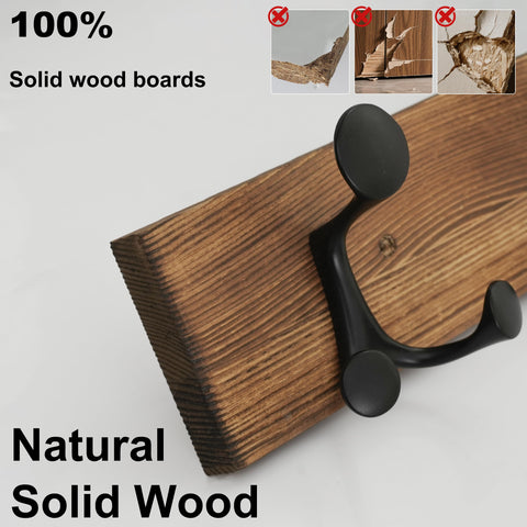 HONSKY Wall Mounted Coat Rack, 43cm Brown Pine Wood Base, 3 Black Sturdy Aluminium Alloy Triple Hooks (9 Hanging Points)