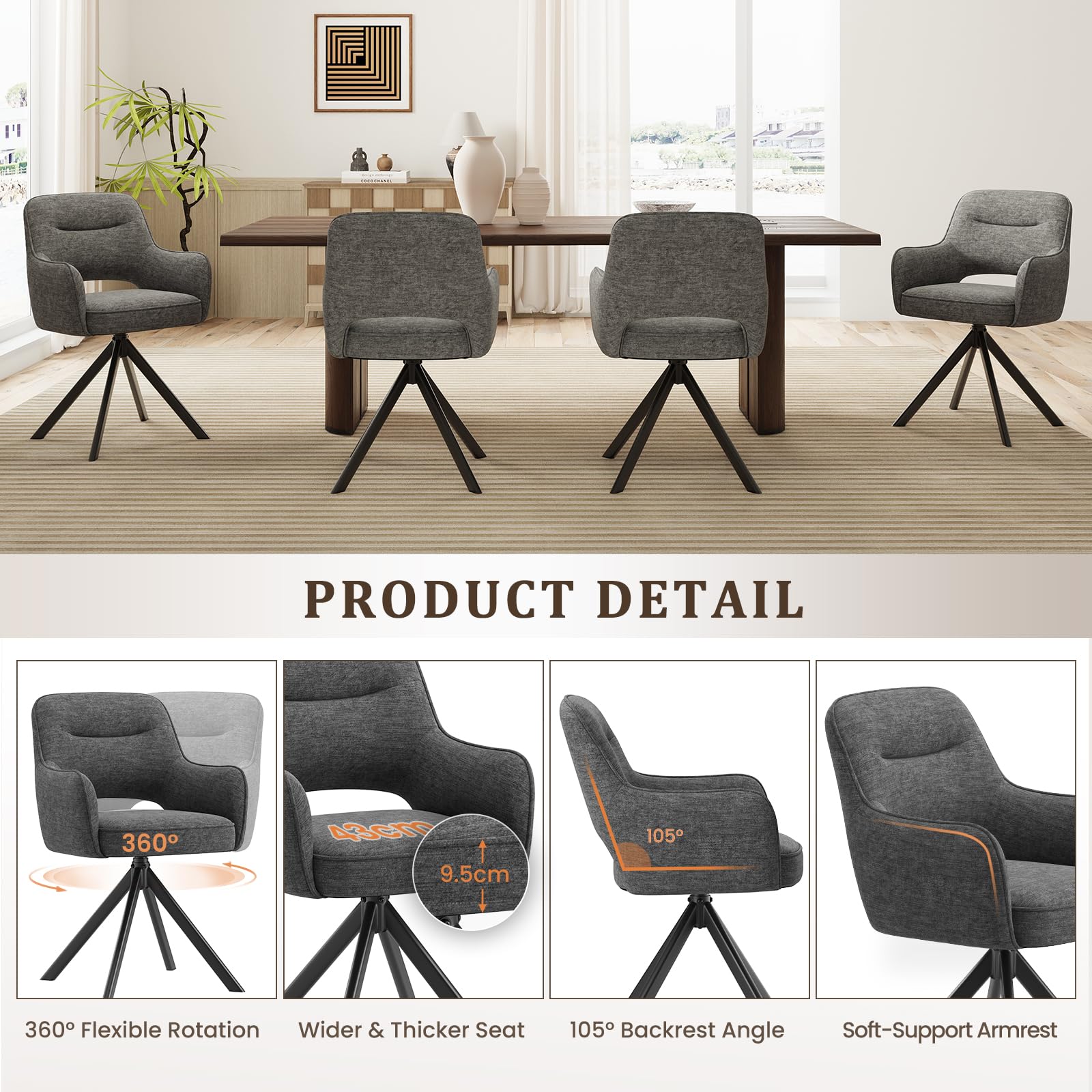COLAMY 360°Swivel Dining Chairs Set of 6, Fabric Chairs for Dining Room with Armrests, Hollow Backrest and Thick Seat Cushion