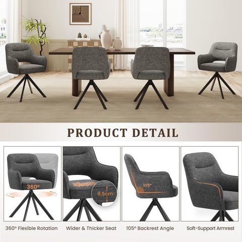 COLAMY 360°Swivel Dining Chairs Set of 6, Fabric Chairs for Dining Room with Armrests, Hollow Backrest and Thick Seat Cushion
