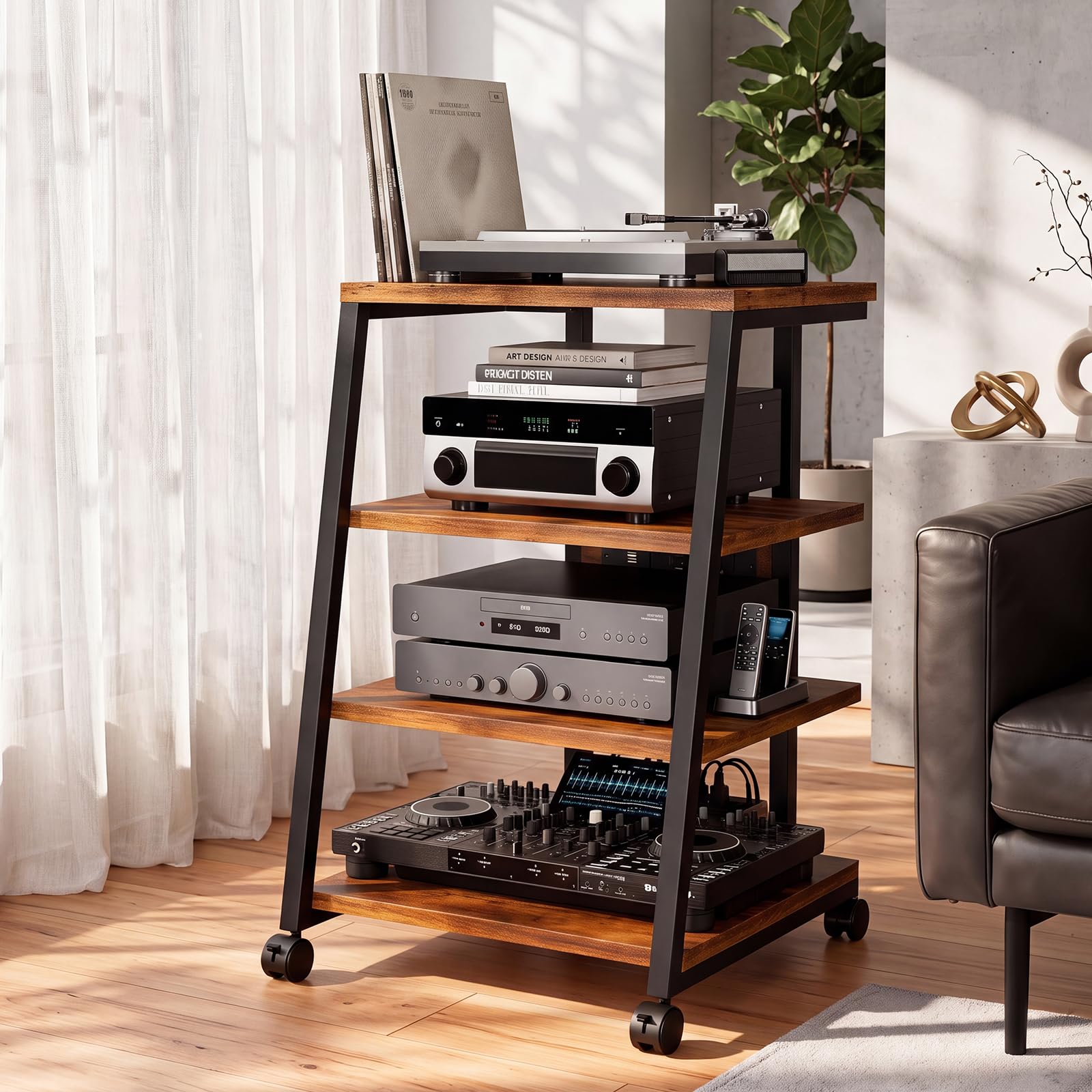 WUDLEP HiFi Stand, 4-Tier AV Media Stand with Power Strip and Wheels