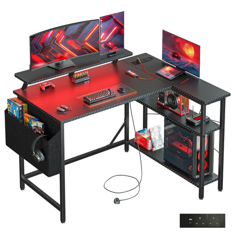 DOMSHOCT L Shaped Gaming Desk with LED Lights & Power Outlets, 120*80cm Corner Computer Table with Storage Bag & Adjustable Shelves & Large Monitor