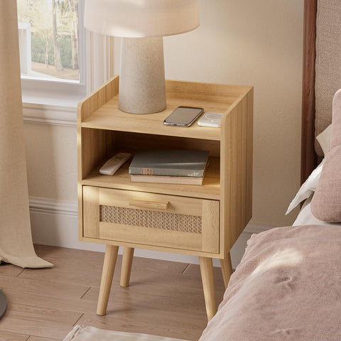 HEYZOEY Bedside Tables,End Table,Rattan Bedside Tables, Side Table with Hand Made Rattan Decorated Drawers,Wood Accent Nightstand with Storage for