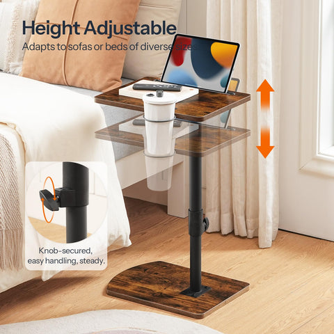 HOOBRO C Shaped Side Table, Height Adjustable Bedside Table, 360° Rotating Sofa Table Laptop Tables with Detachable Cup Holder and Tablet Slot