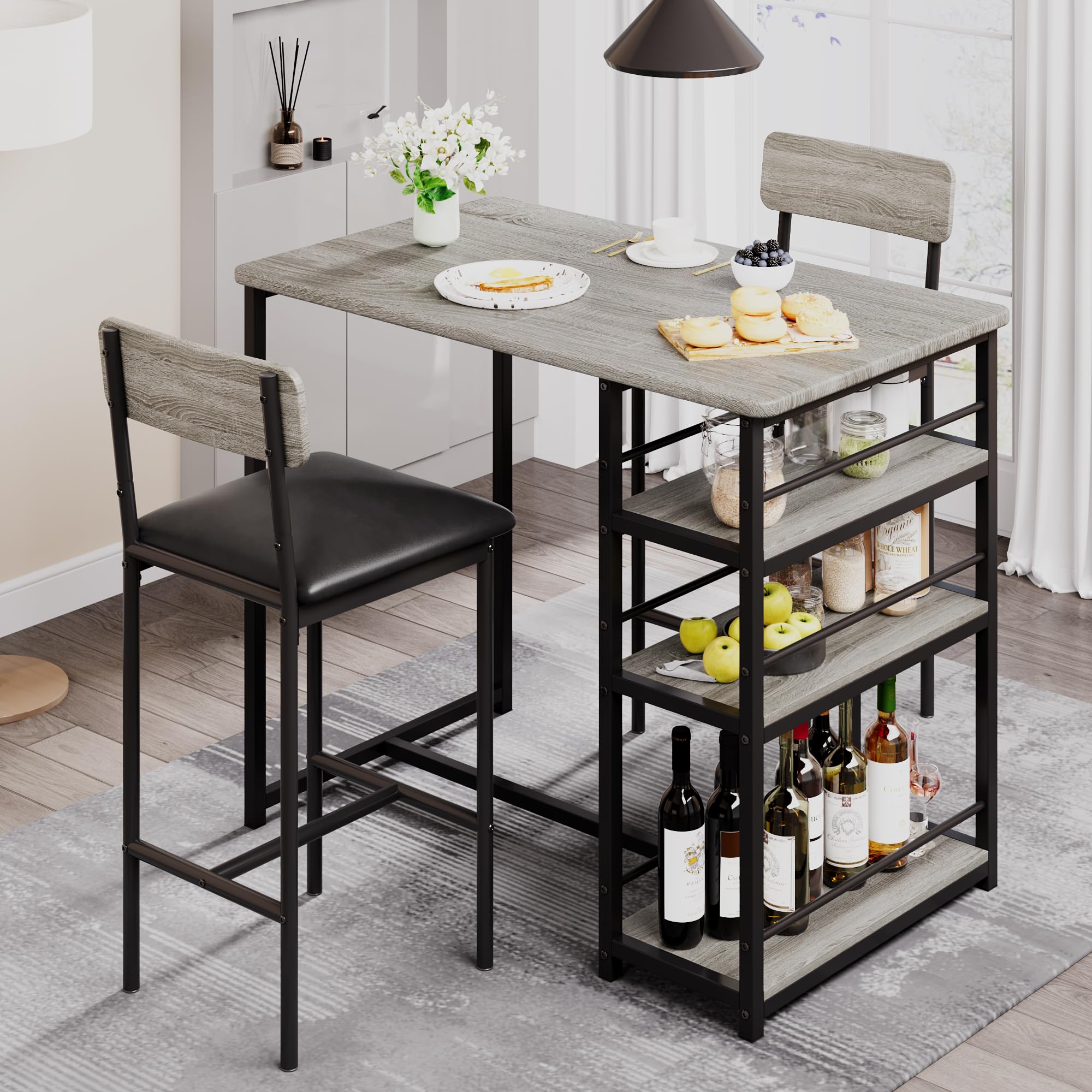 Techigher Bar Table Set, Dining Tables with 2 Upholstered Chairs, 3 Piece Counter Height Kitchen Table Set with 3-Tier Storage Shelves