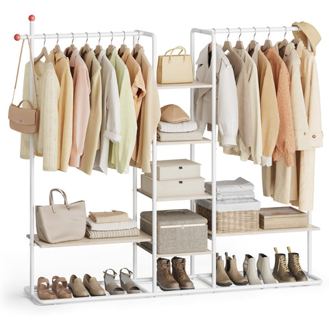 SONGMICS HOME Clothes Rail, Clothes Rack with Shoe Shelf, Heavy-Duty Storage Rack, 6 Storage Shelves, 2 Hanging Rails, Matchstick-Shaped Hooks